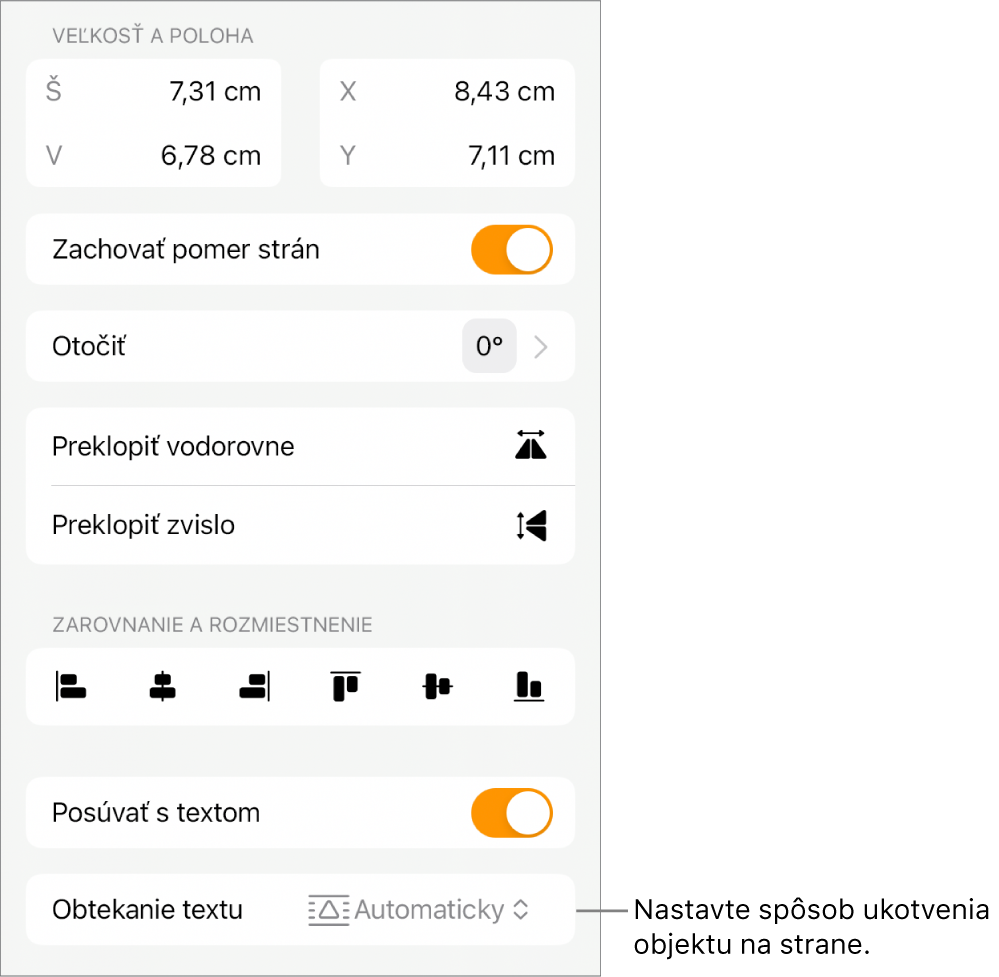 Ovládacie prvky Formát s označenou záložkou Rozloženie a ovládacími prvkami Presunutie dozadu/dopredu, Posúvať s textom a Obtekanie textu.