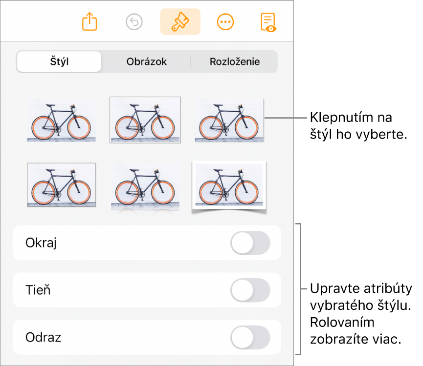 Záložka Štýl menu Formát so štýlmi objektov v hornej časti a ovládacími prvkami pod nimi s možnosťou zmeny okraja, tieňa, odrazu a priehľadnosti.