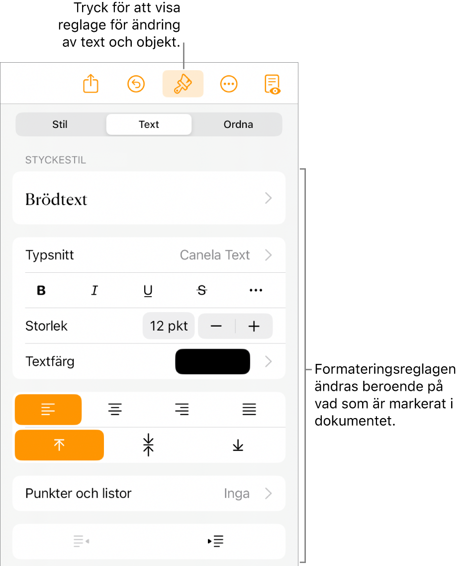 Formatreglagen är öppna och visar reglage för att ändra styckestil, ändra typsnitt och formatera typsnittsmellanrum. Överst finns linjer som pekar på formatknappen i verktygsfältet och till höger om den infogningsknappen för att lägga till objekt på sidan.