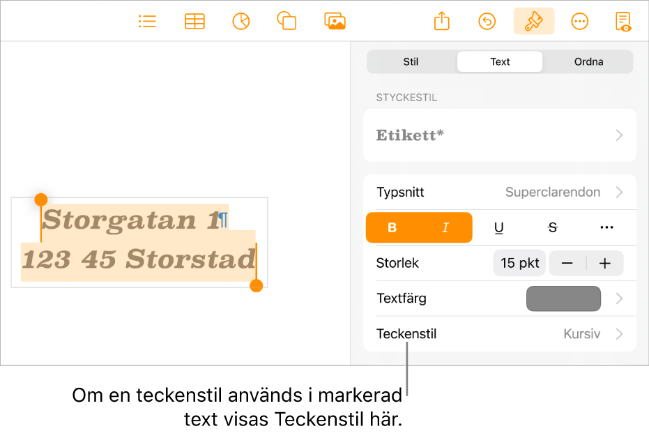 Reglagen för textformatering med Teckenstil under textfärgreglagen.