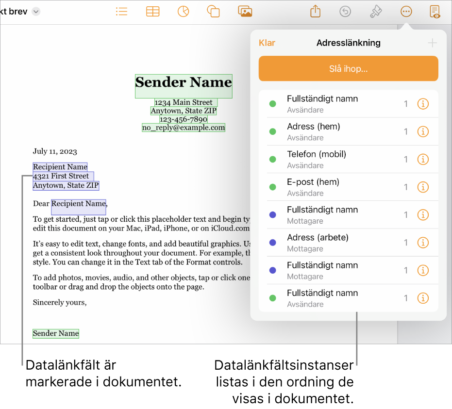 Pages-dokument med datalänkfält för mottagare och avsändare. Instanslistan för datalänkfältet är synligt i dokumentsidofältet.