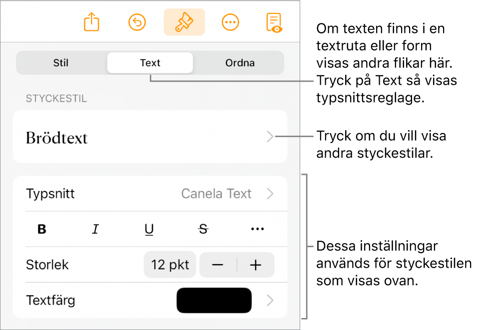 Menyn Format med textreglage för att ställa in stycke- och teckenstilar, typsnitt, storlek och färg.