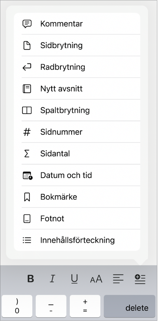 Kortkommandofältet med öppna infogningsreglage ovanför infogningsknappen.