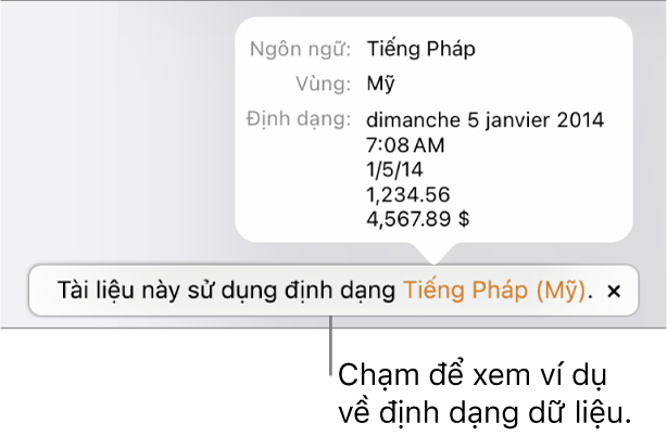 Thông báo về cài đặt ngôn ngữ và vùng khác, đang hiển thị các ví dụ về định dạng trong ngôn ngữ và vùng đó.