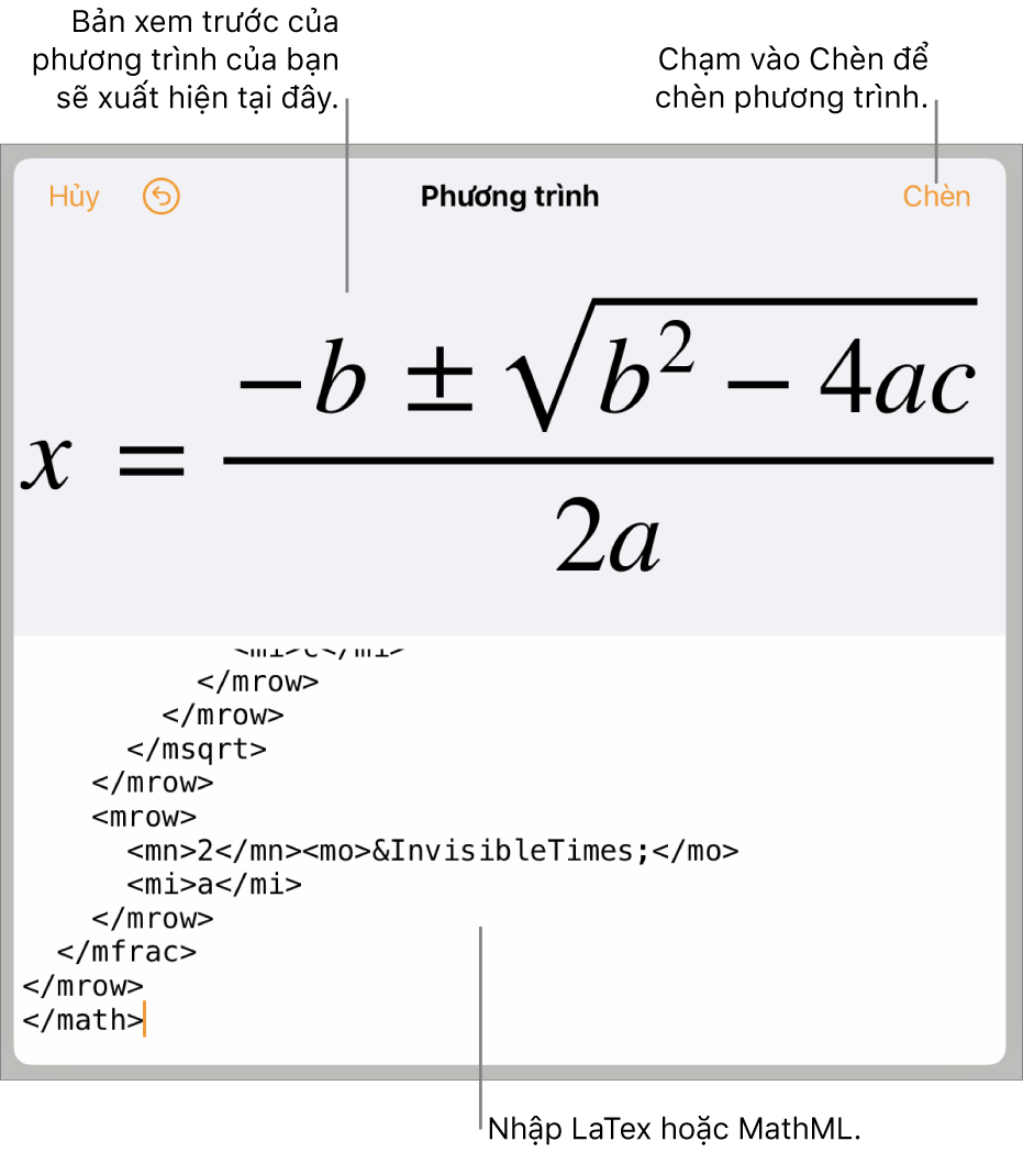 Hộp thoại Phương trình, đang hiển thị phương trình được viết bằng các lệnh MathML và bản xem trước của công thức ở bên trên.