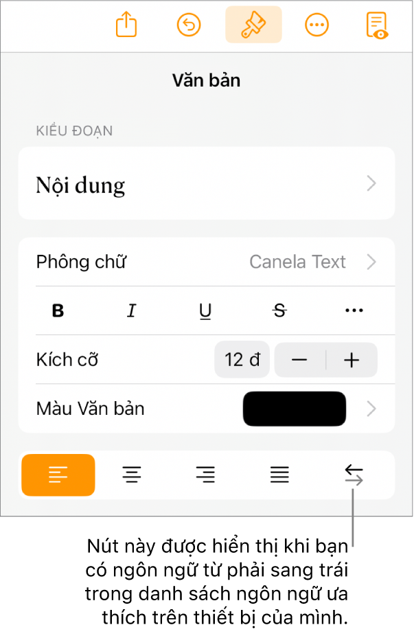 Các điều khiển văn bản trong menu Định dạng với chú thích đang trỏ tới nút Phải sang trái.