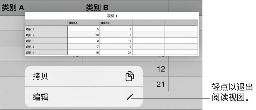 一个表格单元格被选中，其上方是带有“拷贝”和“编辑”按钮的菜单。