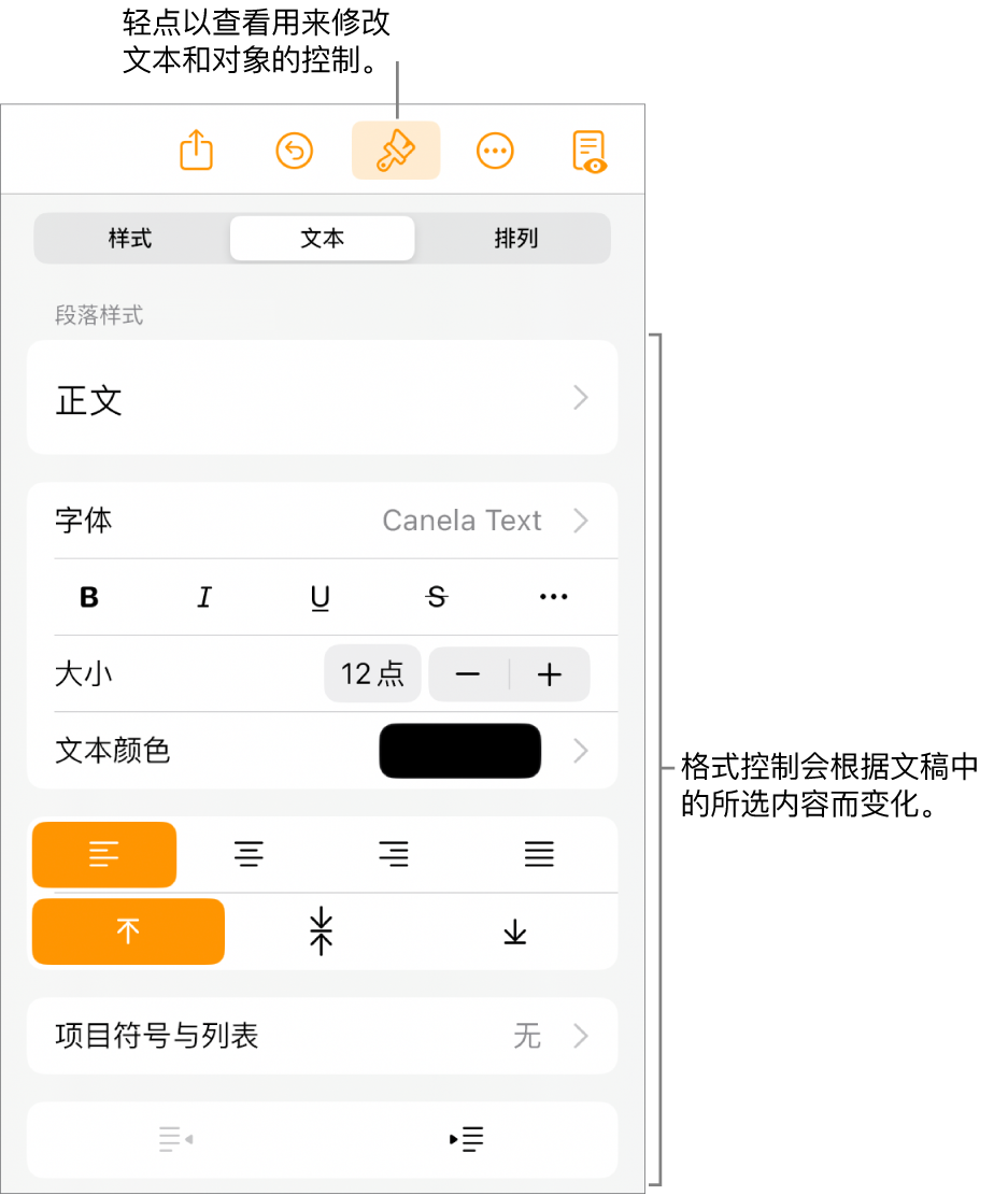 打开的“格式”控制,显示更改段落样式、修改字体以及格式化字体间距的控制。顶部标注框指向工具栏中的“格式”按钮以及其右侧用于将对象添加到页面的“插入”按钮。