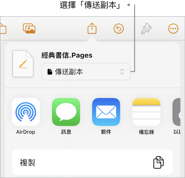共享選單最上方的「傳送副本」已被選取。