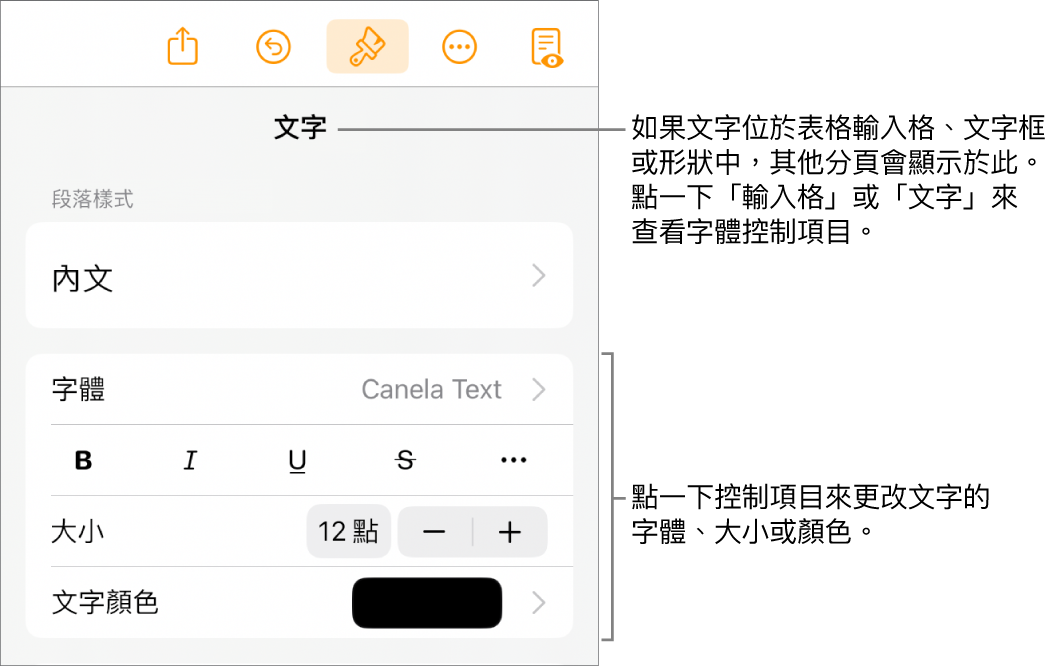 「格式」選單中設定段落及字元樣式、字體、大小和顏色的文字控制項目。