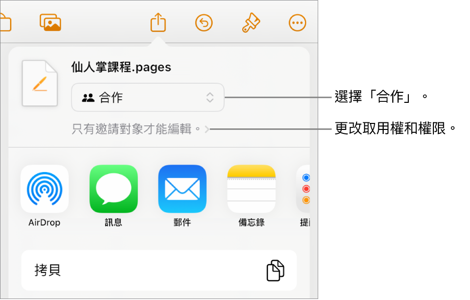 「分享」選單的最上方已選取「合作」，其下方為取用和權限設定。