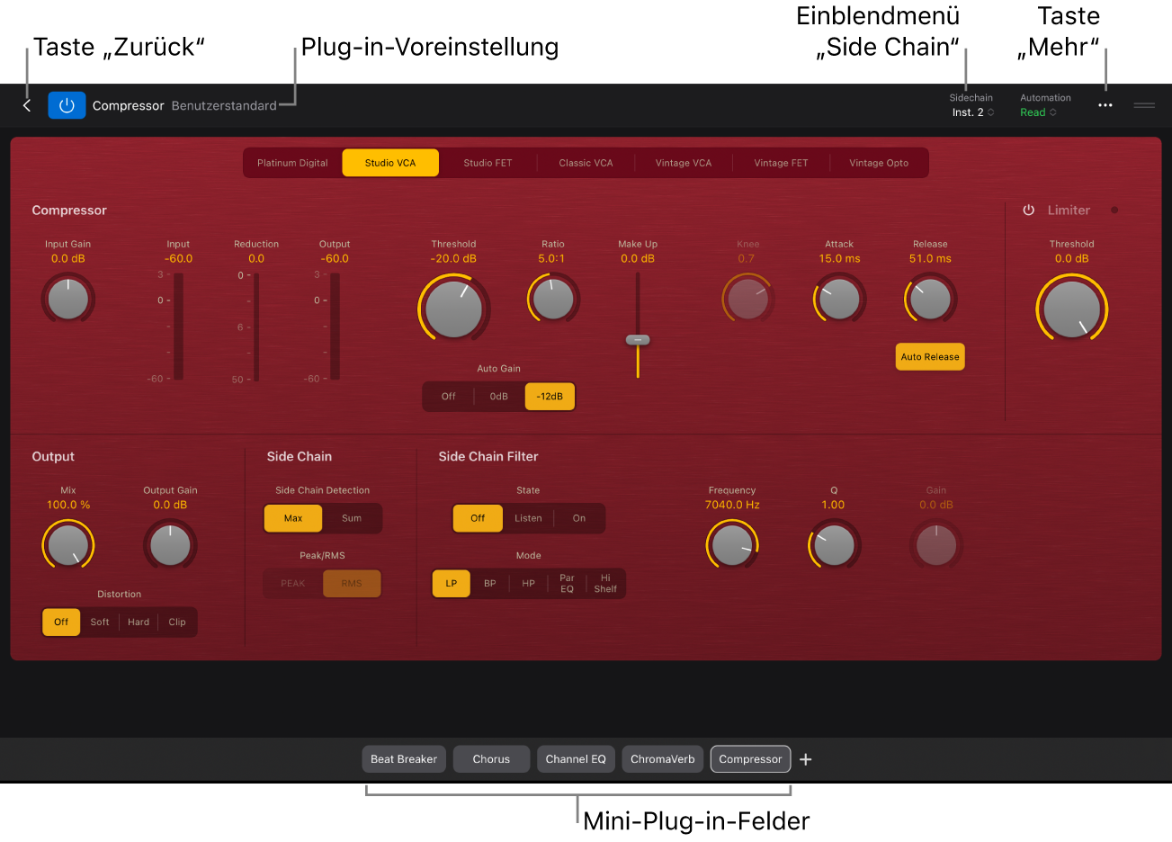 Abbildung. Die geöffnete Detailansicht des Plug-ins „Compressor“ mit der Taste „Zurück“, dem Preset-Menü des Plug-ins, dem Einblendmenü „Sidechain“ und den kleinen Plug-in Tiles.