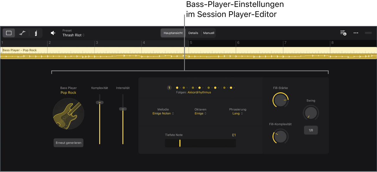 Abbildung. Der Session Player-Editor mit den Bass Player-Einstellungen