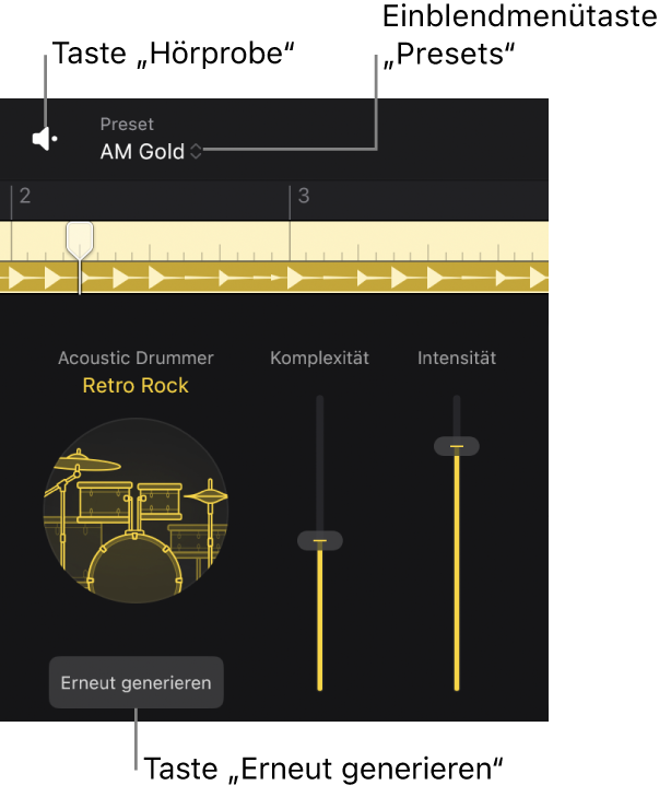 Abbildung. Die Taste „Hörprobe“, das Einblendmenü „Presets“ und die Taste „Erneut generieren“ im Session Player-Editor