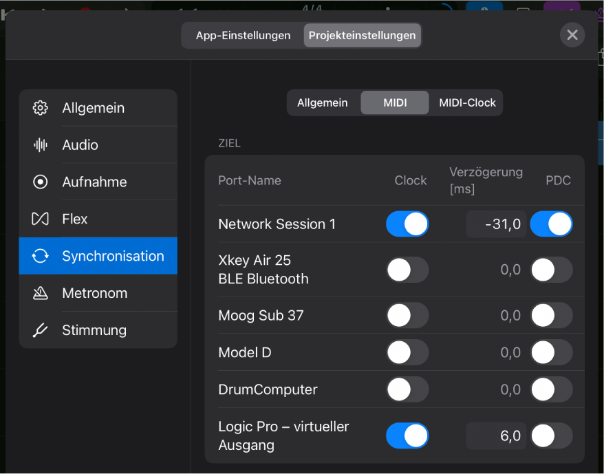 Projekteinstellungsbereich „MIDI-Synchronisation“