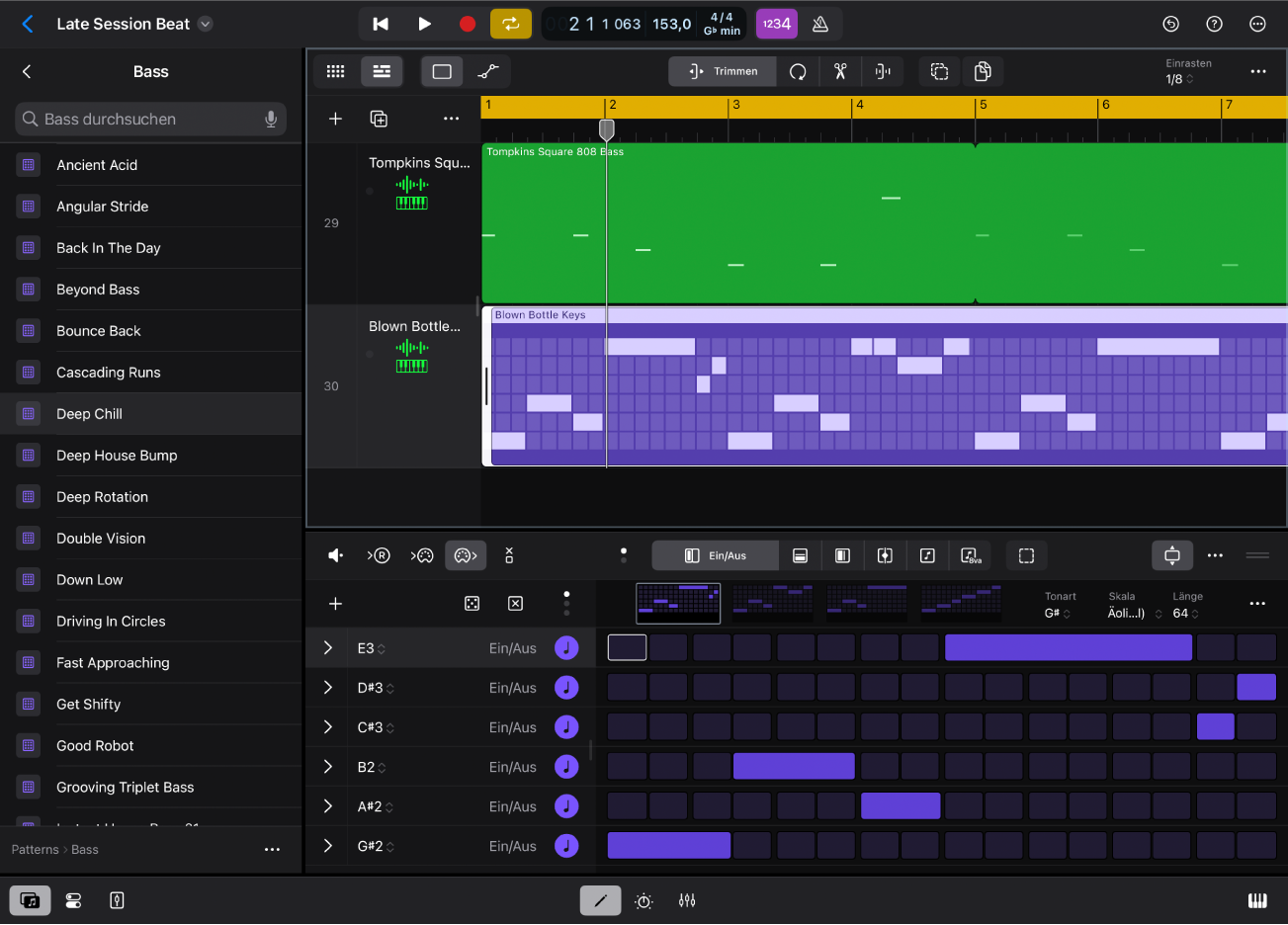 Abbildung. Logic Pro für iPad mit der Ansicht „Patterns“ im Browser.