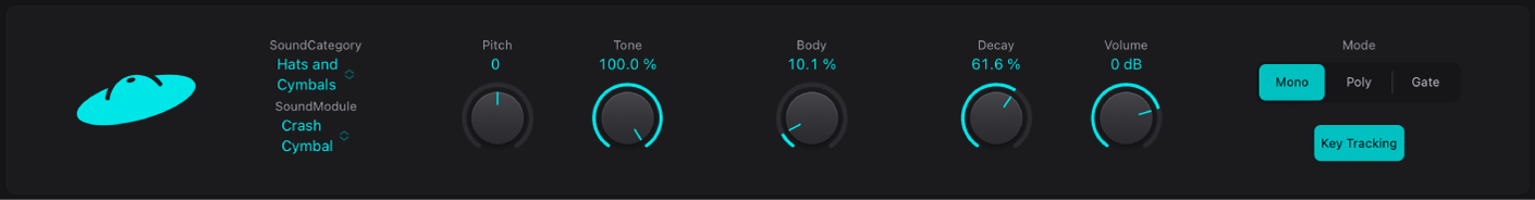 Abbildung. Benutzeroberfläche von Drum Synth mit einem Becken-Sound und den dazugehörigen Parametern