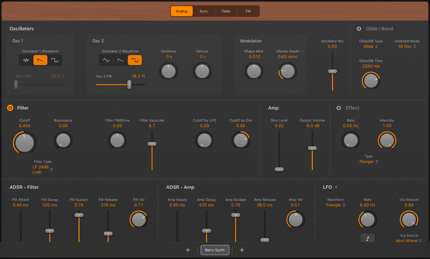 Abbildung. Parameter des Retro Synth Analog-Oszillators