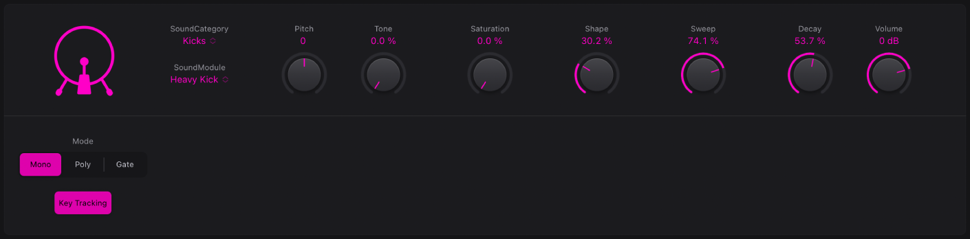 Abbildung. Benutzeroberfläche von Drum Synth mit einem Kickdrum-Sound und den dazugehörigen Parametern. Die Parameter ändern sich, wenn ein anderer Kickdrum-Sound gewählt wird.