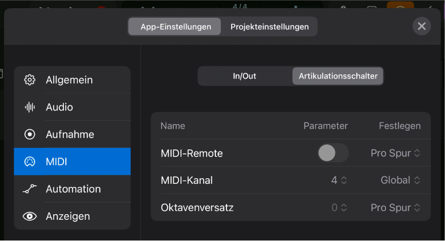 Der MIDI-Einstellungsbereich „Artikulationsschalter“.