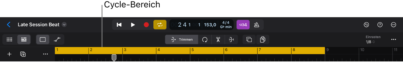 Abbildung. Oberer Teil des Bereichs „Spuren“ mit einem aktiven Cycle-Bereich und der Taste „Cycle“ in der Steuerungsleiste.