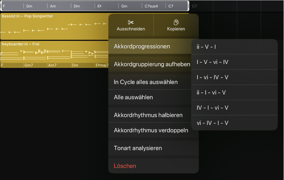 Abbildung. Eine ausgewählte Akkordgruppe in der Akkordspur mit dem geöffneten Menü und dem ausgewählten Menüobjekt „Akkordprogressionen“ sowie dem geöffneten Untermenü „Akkordprogressionen“.