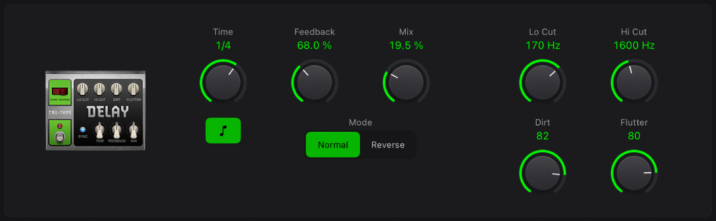 Abbildung. Das Effektpedalfenster „Tru-Tape Delay“