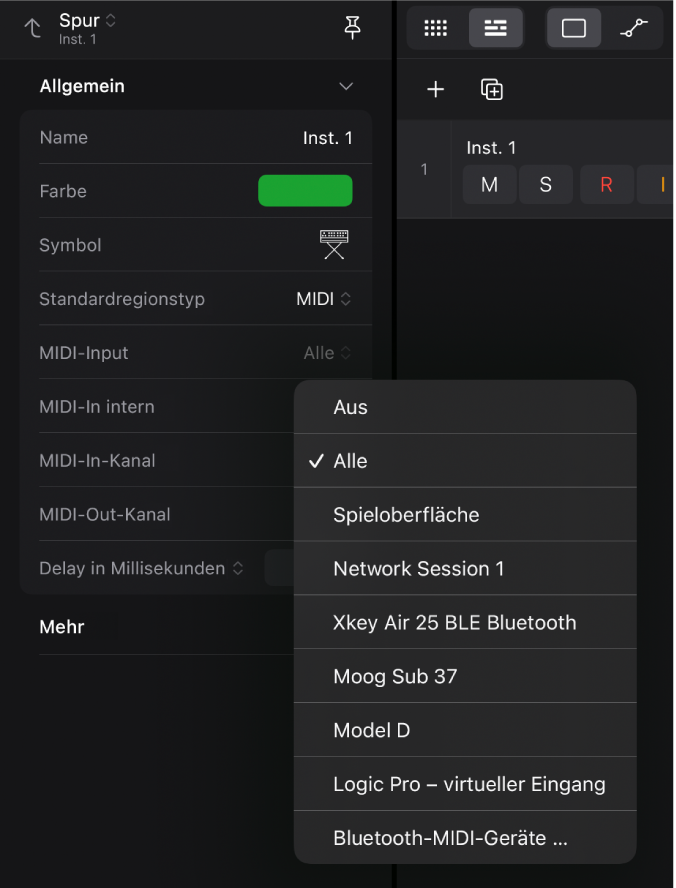 Einblendmenü „MIDI-Input“.