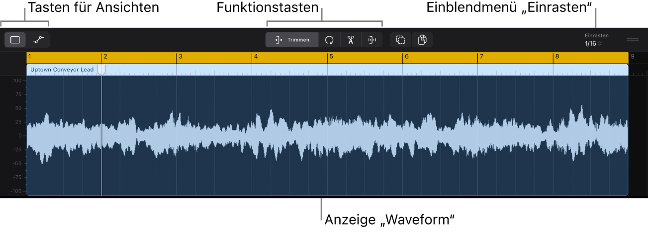 Abbildung. Der Audioeditor mit der Wellenform einer Audioregion.