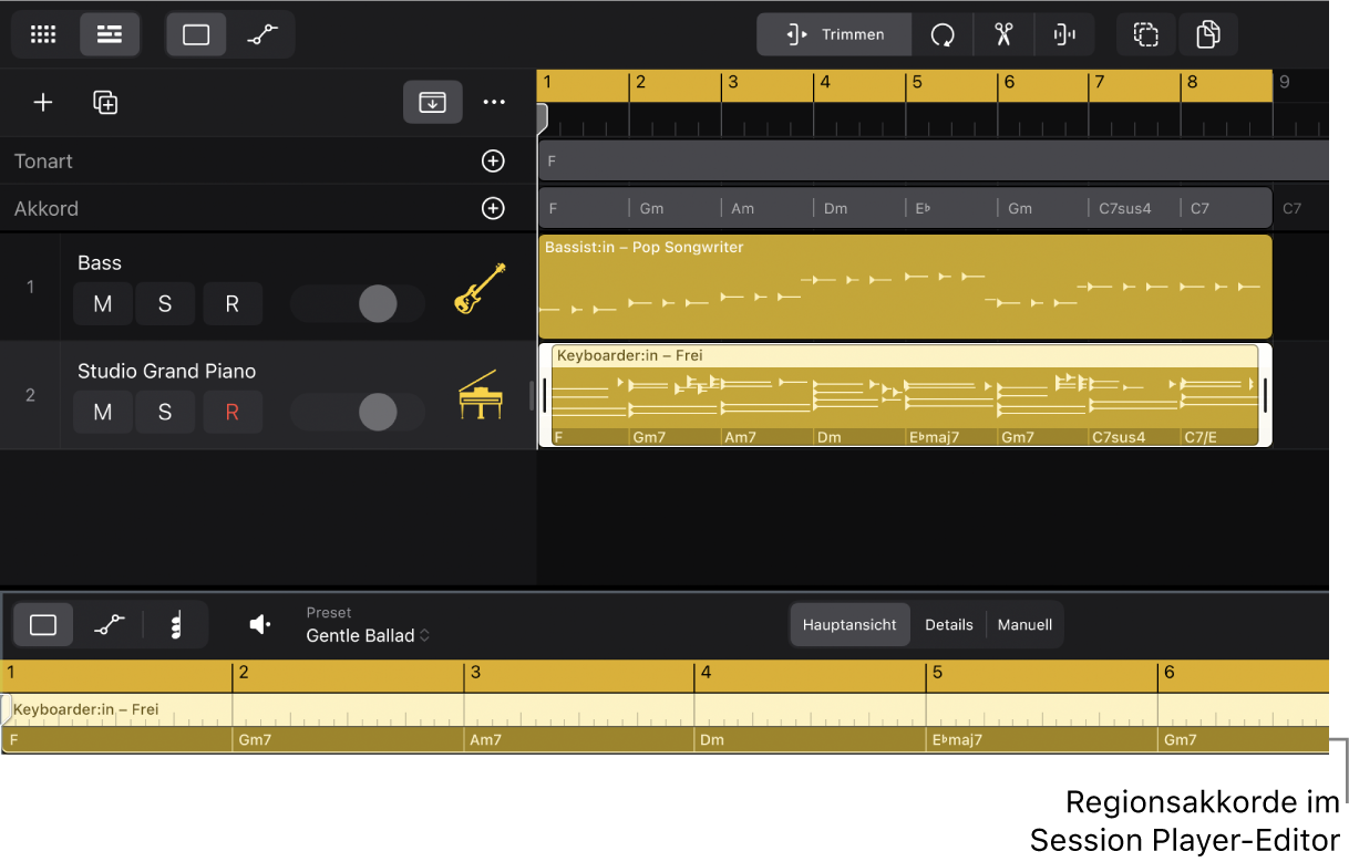 Abbildung. Eine ausgewählte Session Player-Region im Bereich „Spuren“ und der Session Player-Editor mit Regionsakkorden.