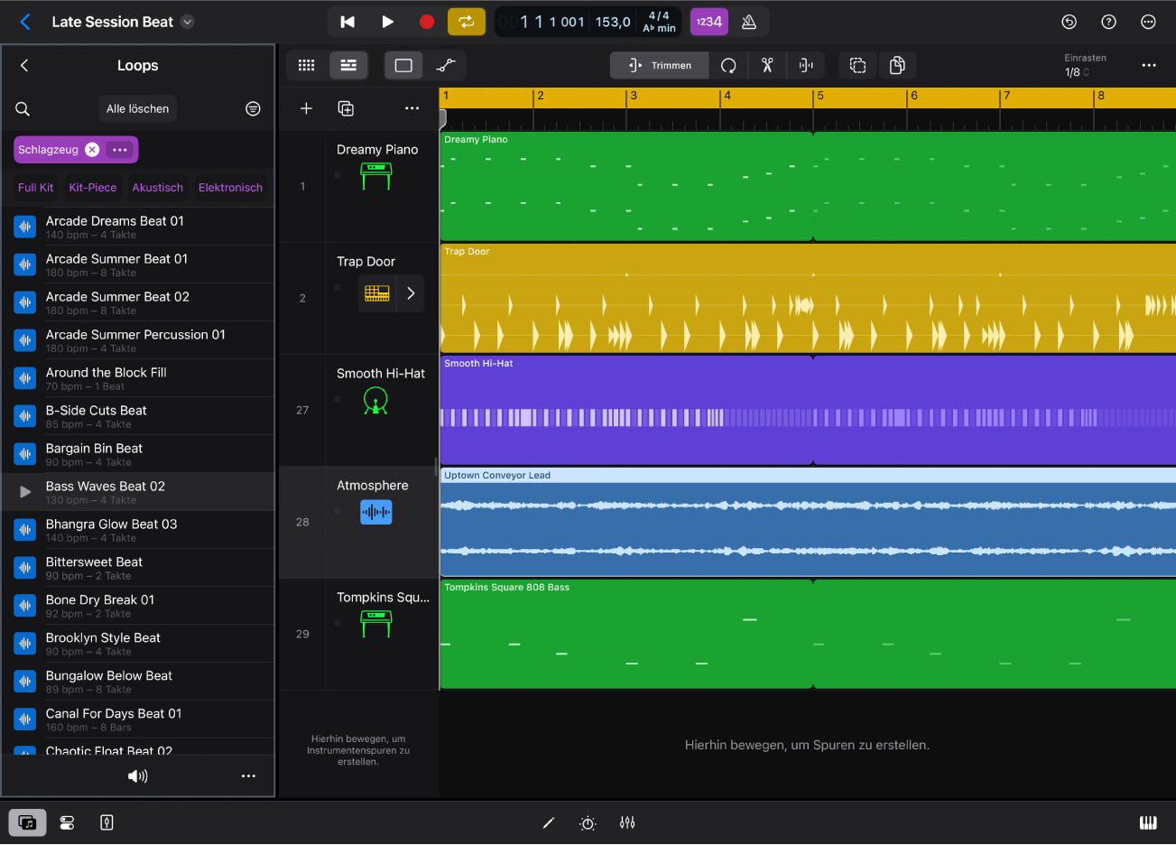 Abbildung. Logic Pro für iPad mit der Ansicht „Loops“ im Browser.