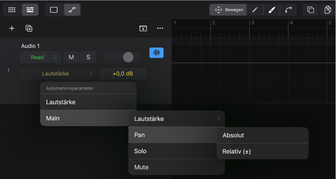 Abbildung. Das Einblendmenü „Automationsparameter“ mit Standard-Menüeinträgen.