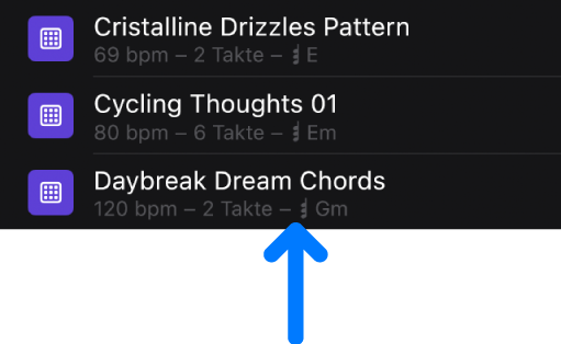Abbildung. Loops mit Akkorden im Browser mit einem Pfeil, der auf das Akkordsymbol zeigt.
