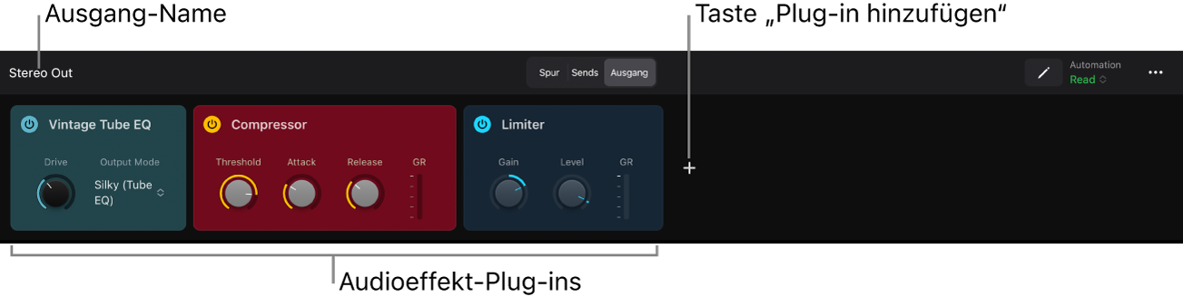 Abbildung. Die Ausgangsansicht im Bereich „Plug-ins“ mit dem Ausgangsnamen, Audio-Effekt-Plug-ins und der Taste „Plug-in hinzufügen“.