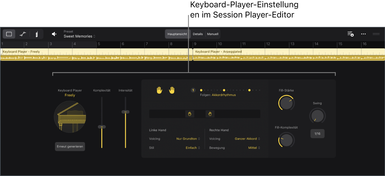 Abbildung. Der Session Player-Editor mit den Keyboard Player-Einstellungen.