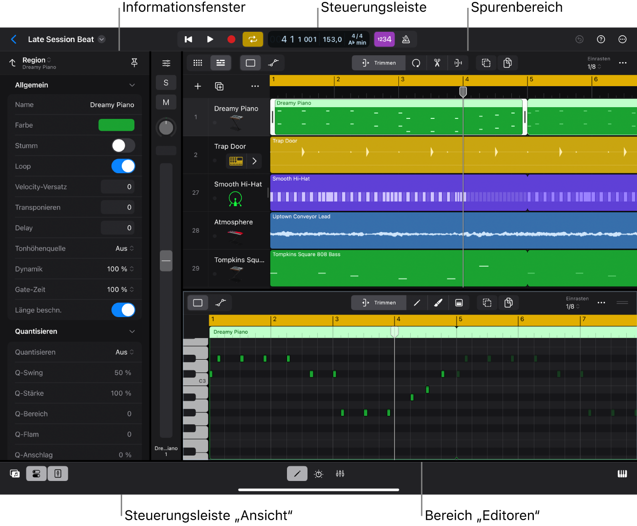 Abbildung. Logic Pro-Projekt mit dem Bereich „Spuren“, einem Informationsfenster und dem Pianorolleneditor während der Wiedergabe.