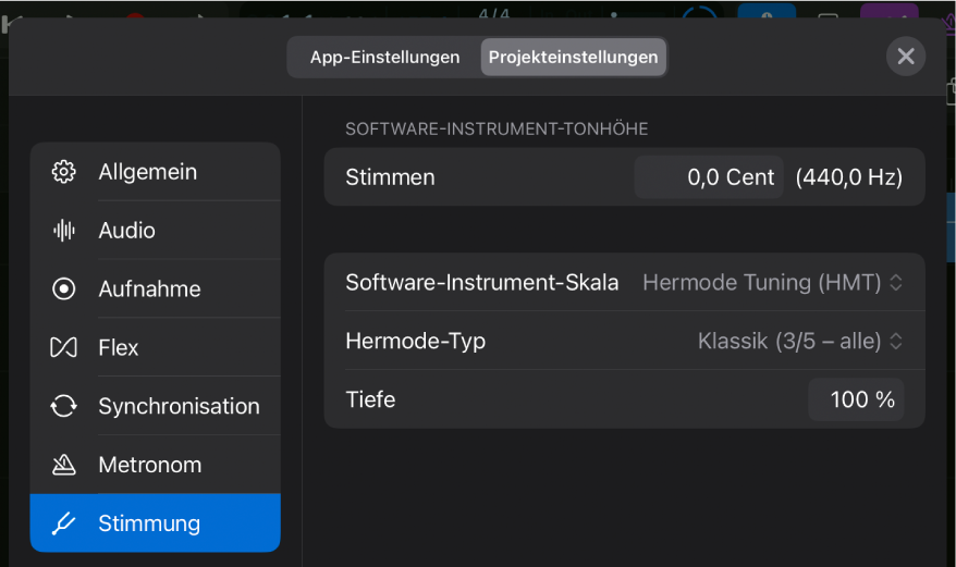 Der Projekteinstellungsbereich „Stimmung“
