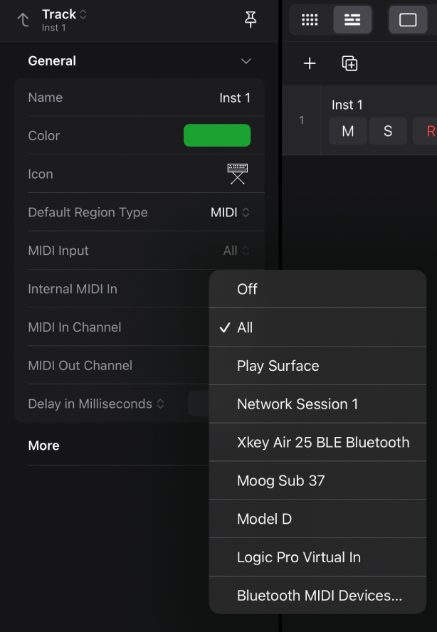 MIDI Input pop-up menu.