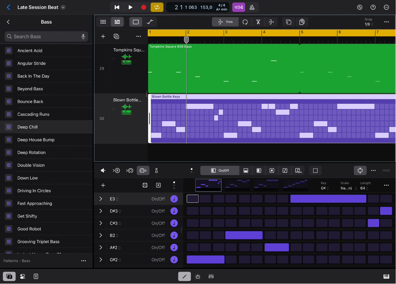 Figure. Logic Pro for iPad showing Patterns view in the Browser.