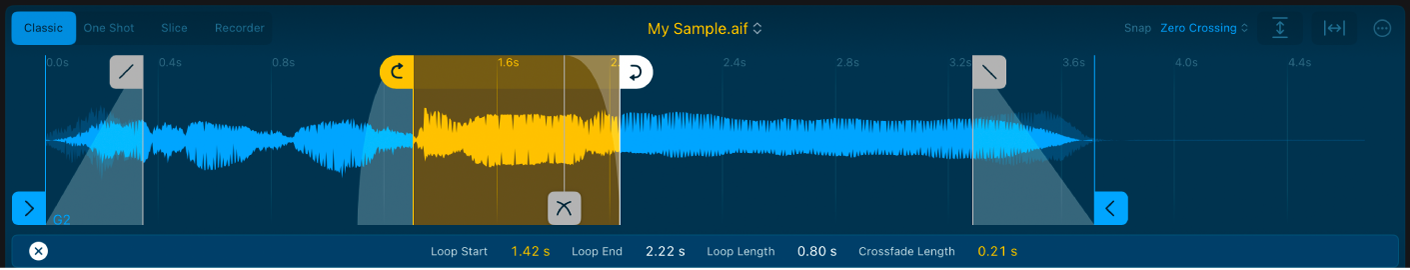 Figure. Quick Sampler waveform display, showing values for the selected marker on the parameter display bar.