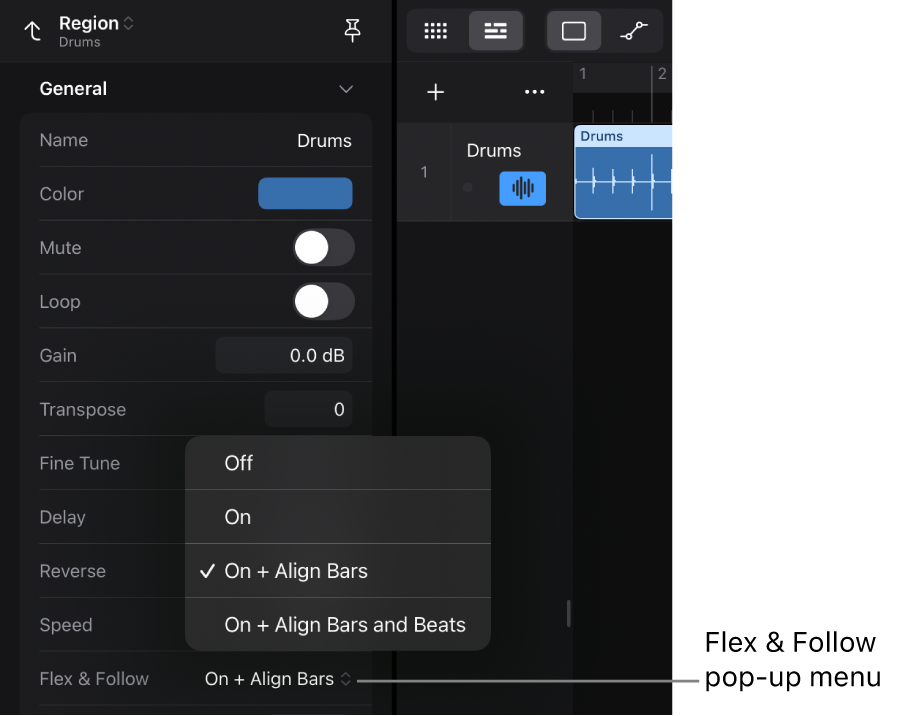 Figure. Region inspector showing the Flex & Follow popup-menu in the Region inspector.