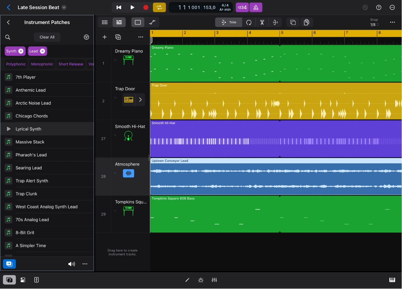 Figure. Logic Pro for iPad showing Instrument Patches view in the Browser.