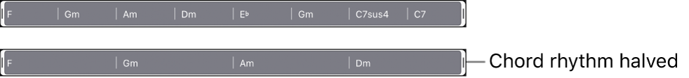 Figure. Chord group selected on the chord track, then with chord rhythm halved.