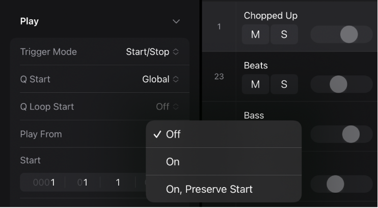 Figure. Quantize Loop Start pop-up menu in the Cell Inspector.