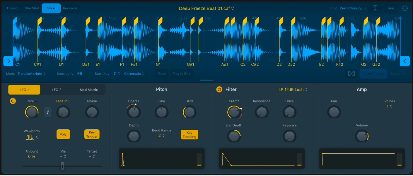 Figure. Quick Sampler Slice mode waveform display, showing start and end markers, slice markers, and related parameters.