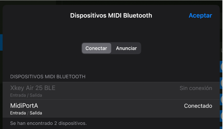 Estado de conexión de dispositivos Bluetooth.