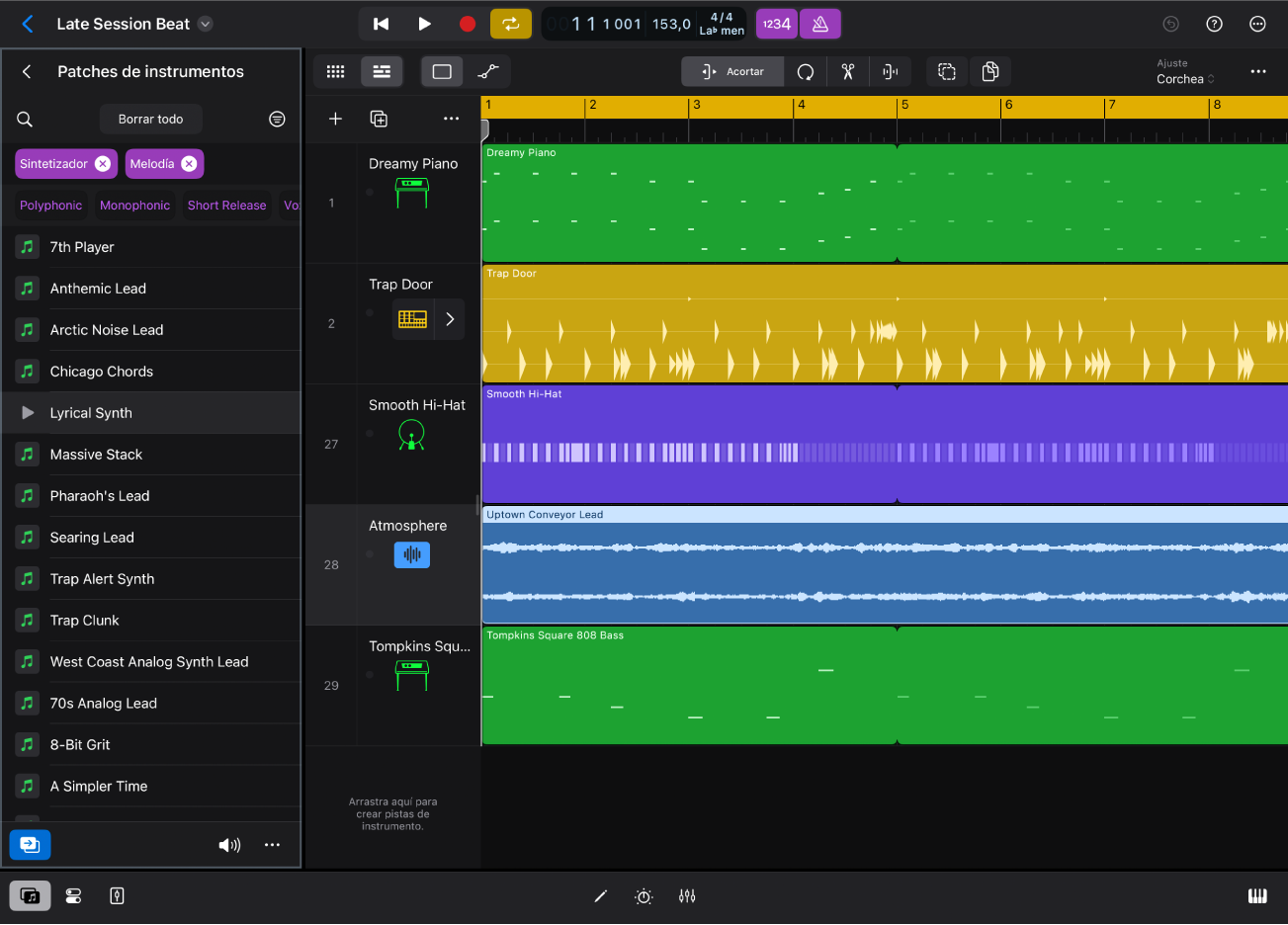 Ilustración. Logic Pro para iPad con la vista “Patches de instrumentos” en el explorador.