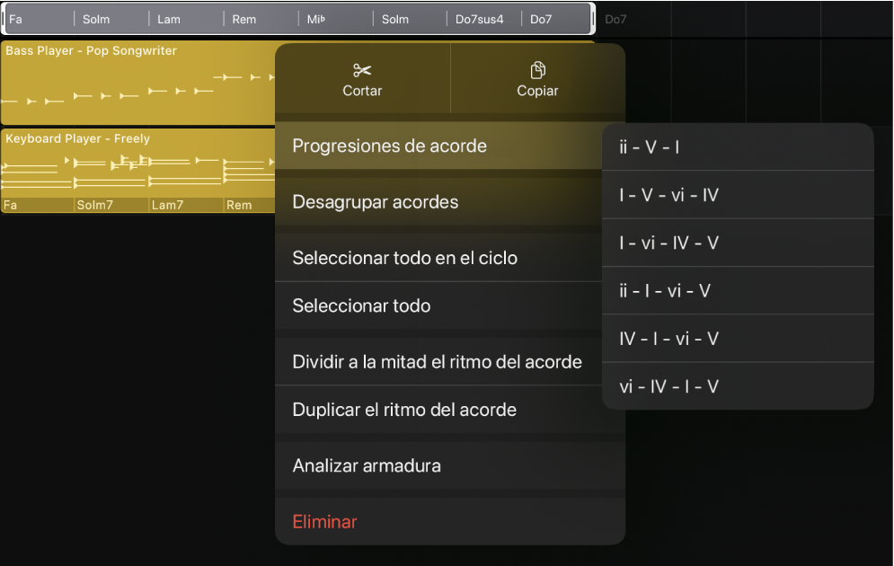 Ilustración. Grupo de acordes seleccionado en la pista de acordes con el menú abierto, el ítem de menú “Progresiones de acordes” seleccionado y el submenú “Progresiones de acordes” abierto.