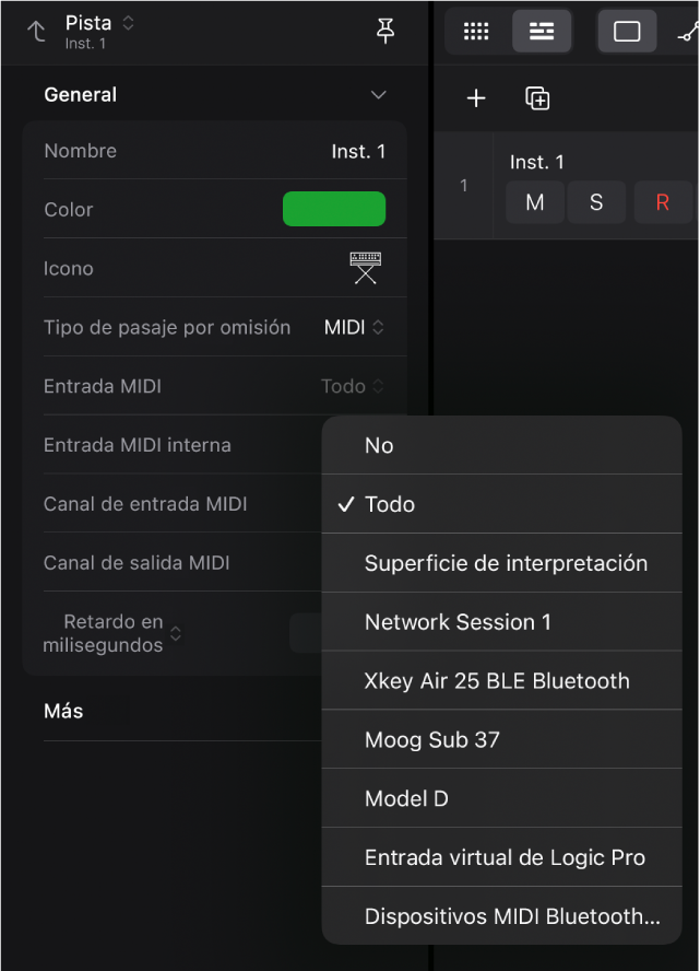 Menú desplegable “Entrada MIDI”.