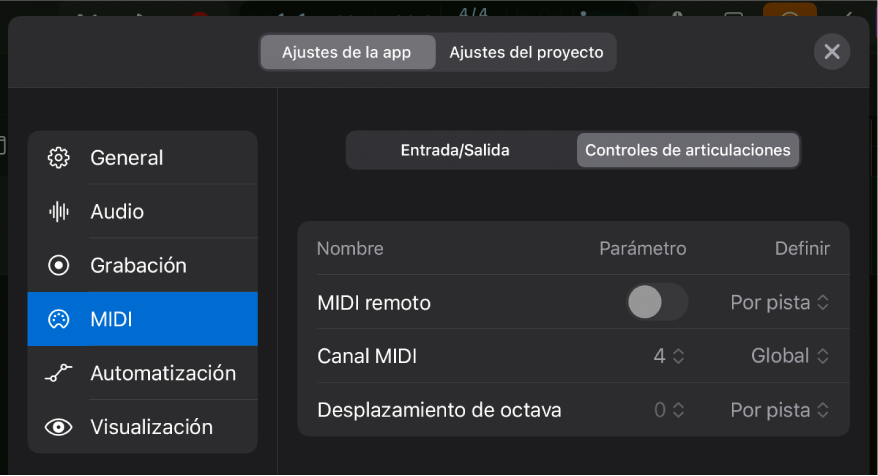 Pestaña “Controles de articulaciones” de la página de ajustes MIDI.